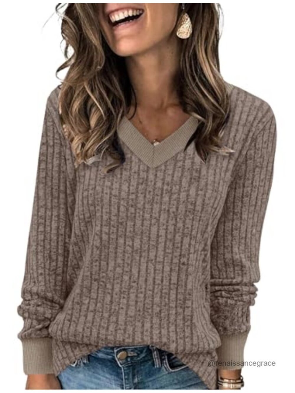 Sampeel V Neck Long Sleeve Tunic Top Lightweight Pullover Sweater